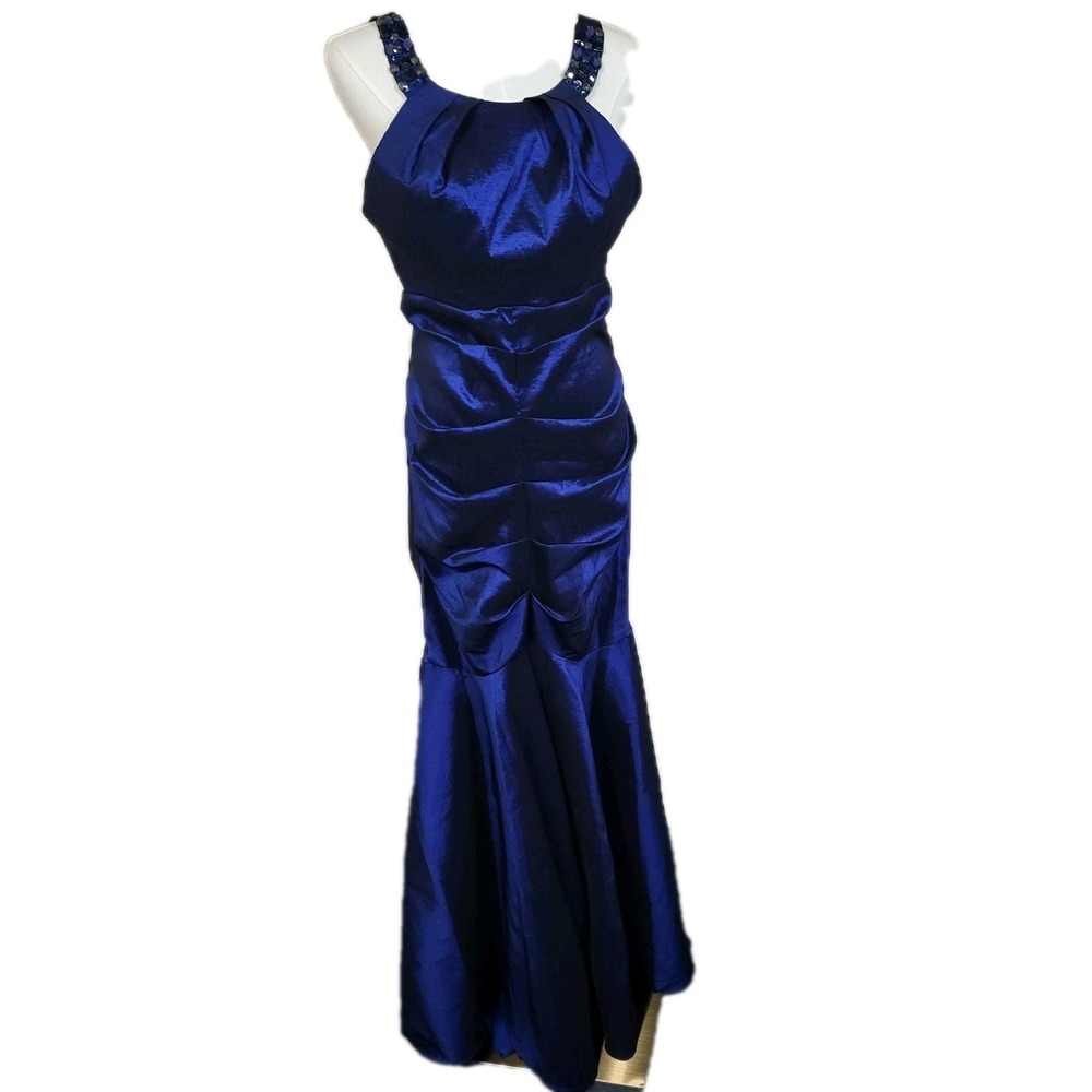 Chicas Dress Womens Large Blue Satin Mermaid Gown Beaded Straps Formal Evening
